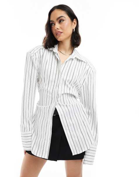 ASOS DESIGN - Camicia stretta in vita allacciata sul retro con motivo gessato nero e spalle imbottite - view 1