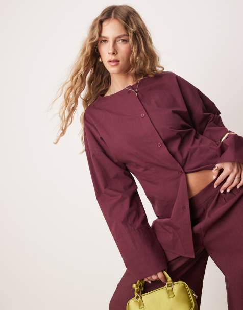 ASOS DESIGN - Camicia stretta in vita in popeline color prugna senza colletto - view 1