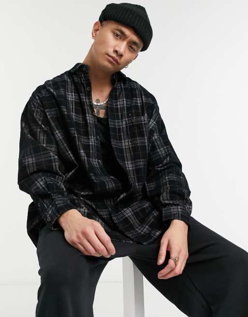 ASOS DESIGN - Camicia super oversize nera a quadri scozzesi a coste