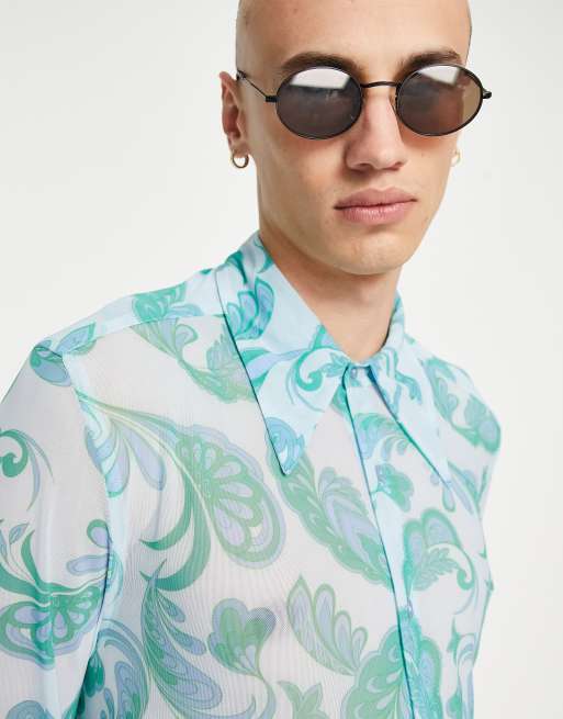 ASOS DESIGN - Camicia super skinny in rete con motivo cachemire e colletto anni '70 - LBLUE