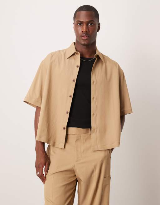 ASOS DESIGN - Camicia taglio corto squadrata oversize marrone in coordinato