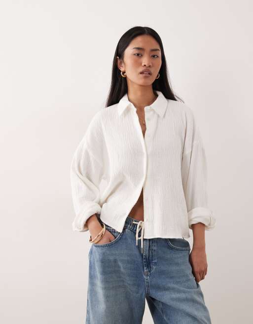 ASOS DESIGN - Camicia taglio corto testurizzata color avorio in cotone