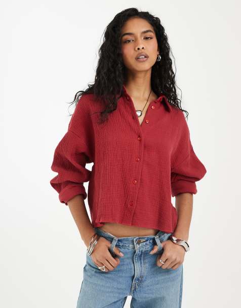 ASOS DESIGN - Camicia taglio corto testurizzata in cotone bordeaux - view 1