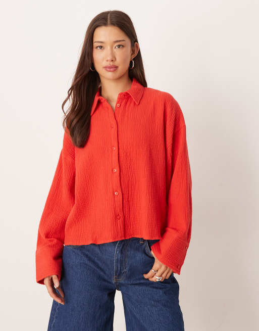 ASOS DESIGN - Camicia taglio corto testurizzata in cotone rossa