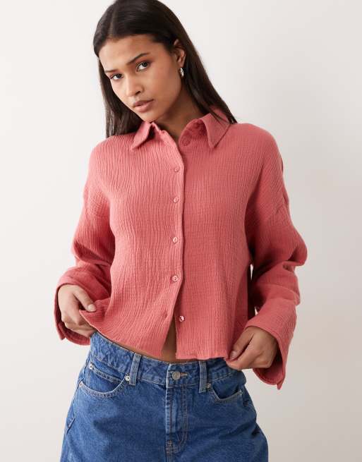 ASOS DESIGN - Camicia taglio corto testurizzata rosa in cotone