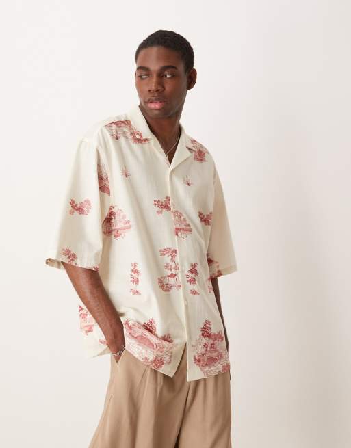 ASOS DESIGN - Camicia taglio oversize beige con rever e stampa paesaggio