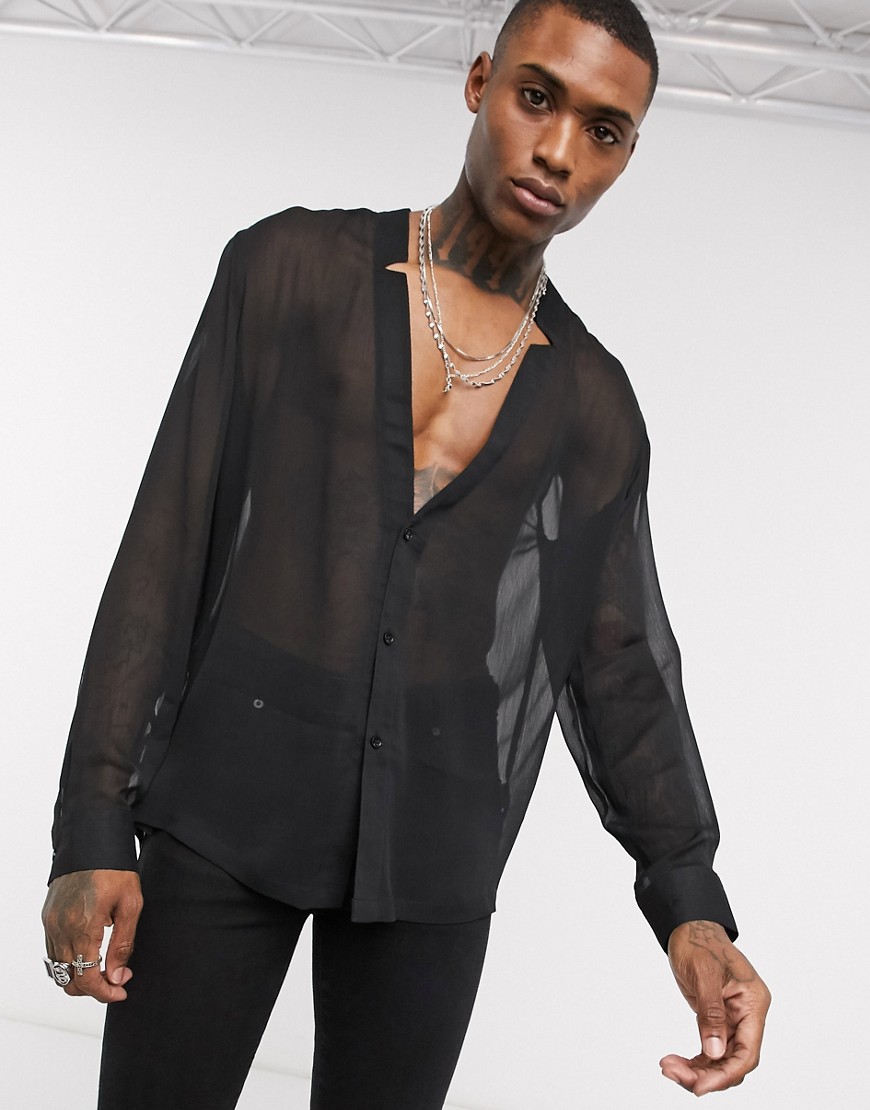 ASOS DESIGN - Camicia testurizzata trasparente nera con intaglio sul collo vestibilità classica-Nero