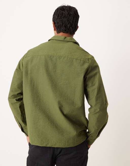 ASOS DESIGN - Camicia testurizzata vestibilità comoda kaki con ricamo sul petto, 4 di 5