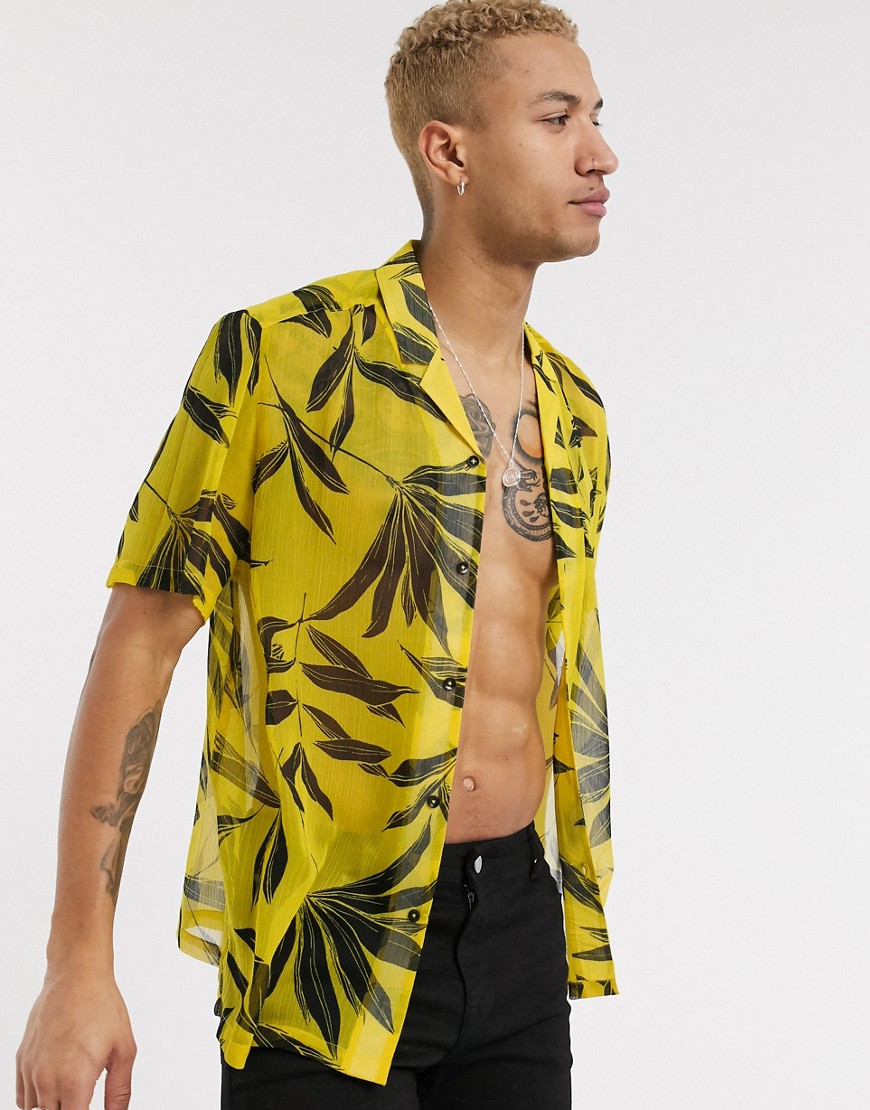 ASOS DESIGN - Camicia trasparente con fiori e palme e colletto a rever vestibilità classica gialla-Giallo