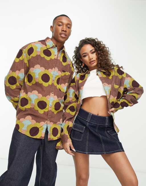 ASOS DESIGN - Camicia unisex oversize in tessuto a coste stile anni '70 con stampa a fiori 