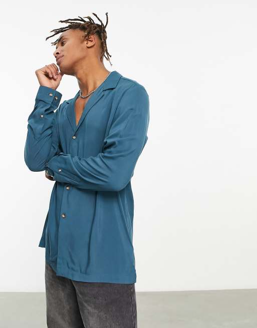 ASOS DESIGN - Camicia verde-azzurra in viscosa vestibilità classica con ampio rever