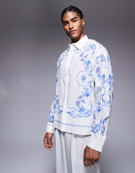 ASOS DESIGN - Camicia vestibilità classica a maniche lunghe bianca con stampa a fiori