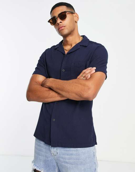 ASOS DESIGN - Camicia vestibilità classica a nido d'ape blu navy