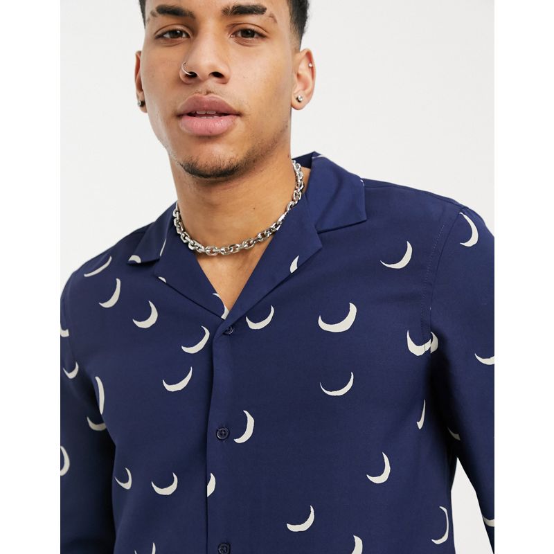 FP6tg Uomo DESIGN - Camicia vestibilità classica blu navy con stampa di lune