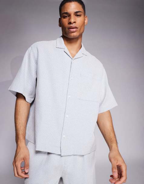 ASOS DESIGN - Camicia vestibilità classica con rever a nido d'ape blu e bianca in coordinato - view 1