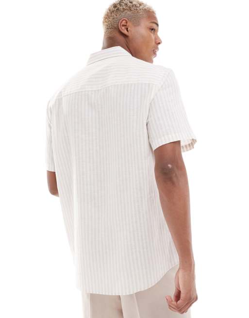 ASOS DESIGN - Camicia vestibilità classica elegante beige a righe in misto lino con colletto alla francese, 3 di 4