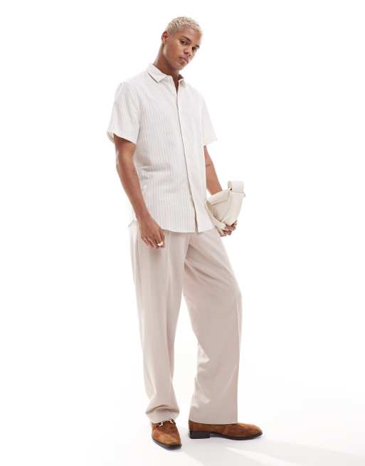 ASOS DESIGN - Camicia vestibilità classica elegante beige a righe in misto lino con colletto alla francese, 4 di 4