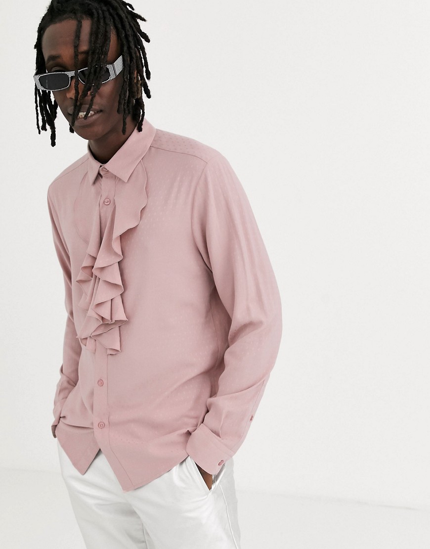 ASOS DESIGN - Camicia vestibilità classica in jacquard rosa con volant sul davanti