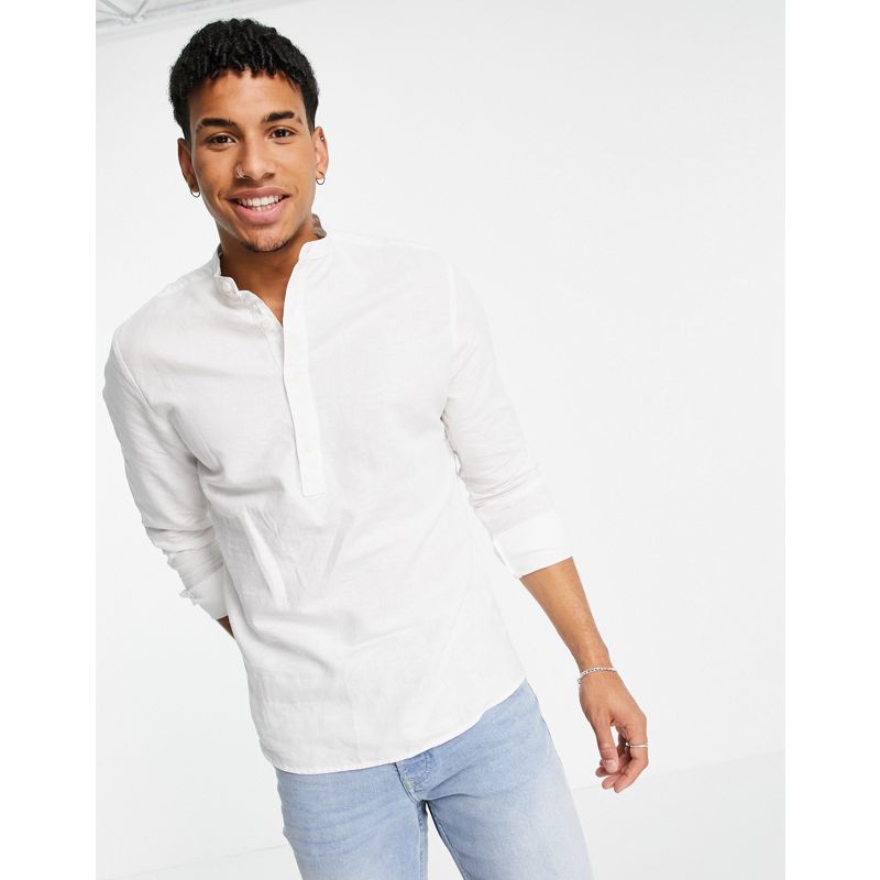 Uomo Camicie tinta unita DESIGN - Camicia vestibilità classica in lino bianco con collo serafino