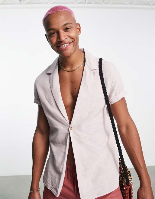 ASOS DESIGN - Camicia vestibilità classica in lino rosa chiaro con rever profondo