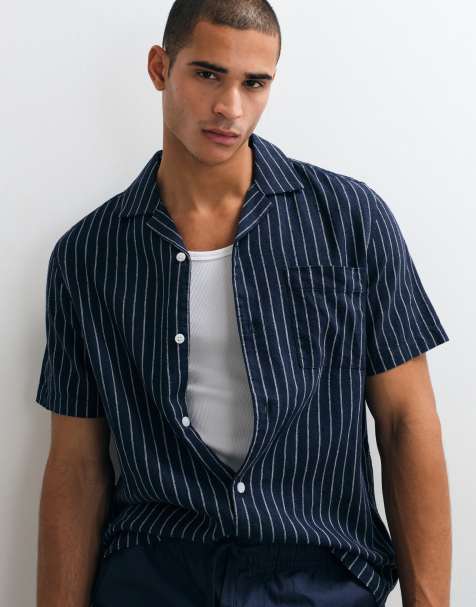 ASOS DESIGN - Camicia vestibilità classica in misto lino blu navy a righe - view 1