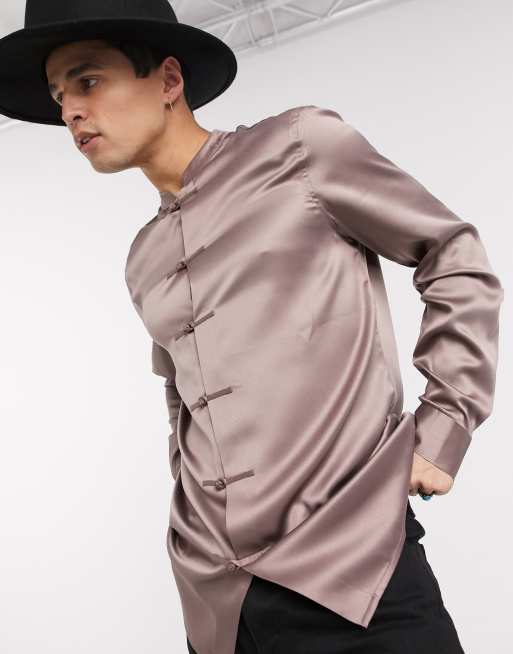 ASOS DESIGN - Camicia vestibilità classica in raso con colletto alla coreana e nodi sul davanti