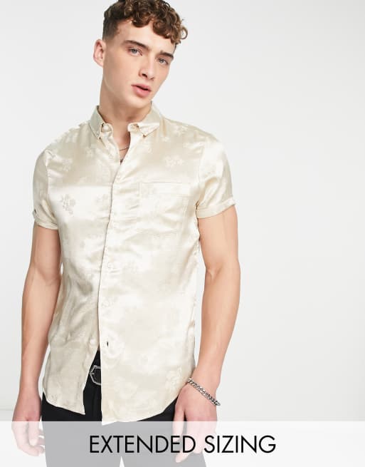 ASOS DESIGN - Camicia vestibilità classica in raso jacquard color pietra