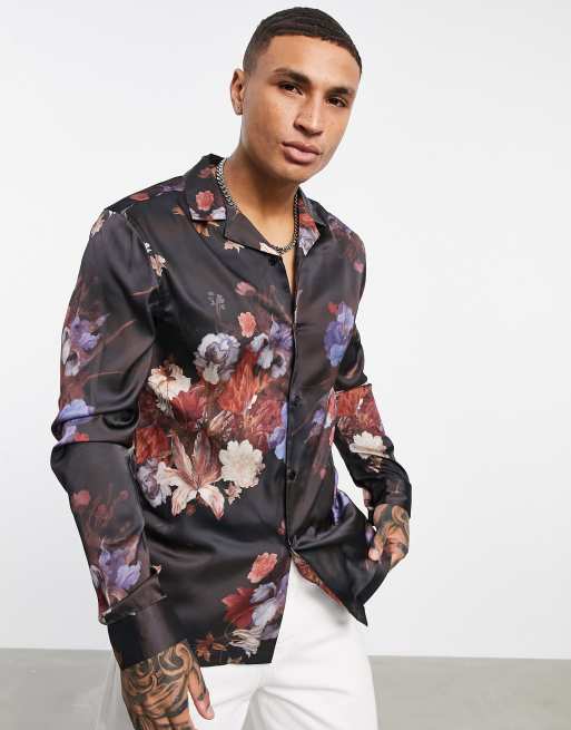 ASOS DESIGN - Camicia vestibilità classica in raso nera a fiori con rever