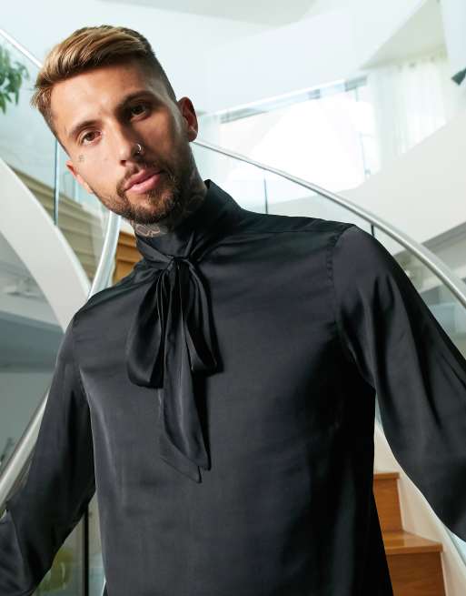 ASOS DESIGN - Camicia vestibilità classica in raso nero annodata al collo, 3 di 4
