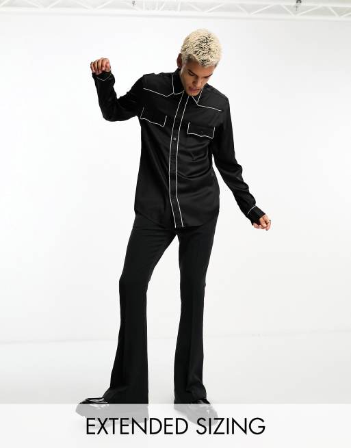 ASOS DESIGN - Camicia vestibilità classica in raso nero con dettagli in stile western 