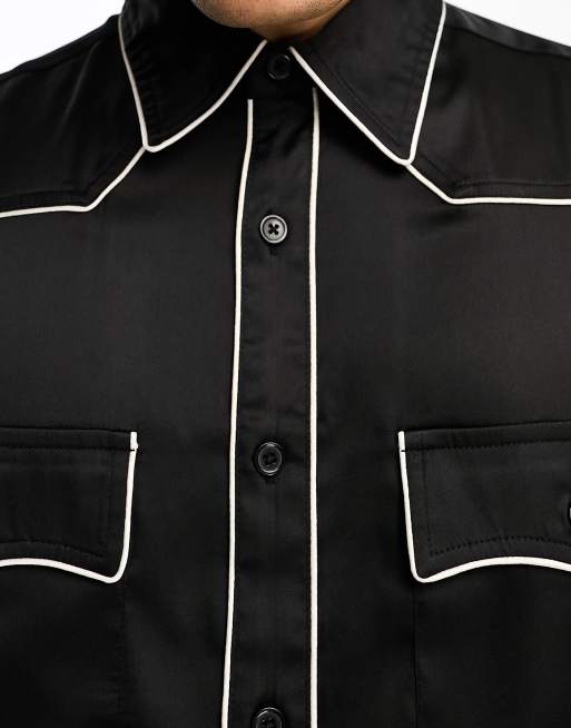 ASOS DESIGN - Camicia vestibilità classica in raso nero con dettagli in stile western , 2 di 4