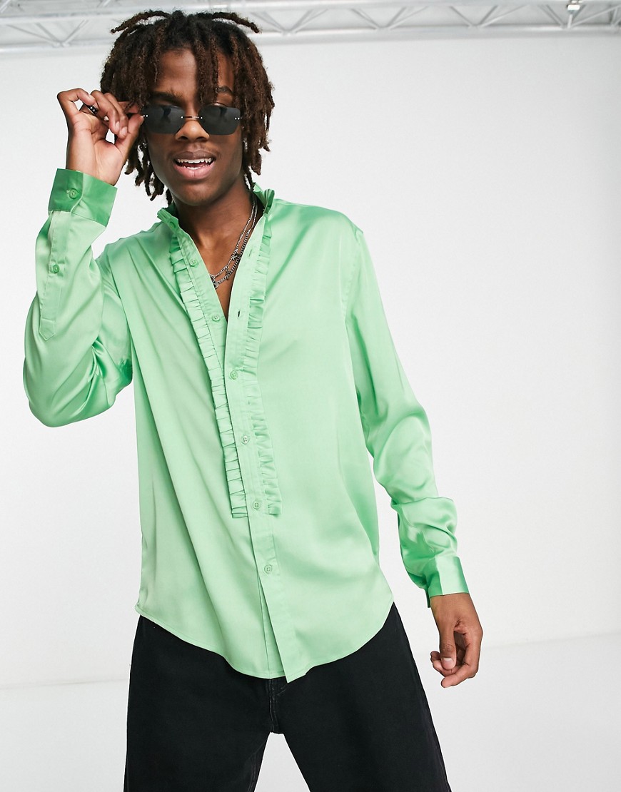 Camicia vestibilità classica in raso verde acceso con volant sul davanti - MGREEN - ASOS DESIGN Camicia donna  - immagine1