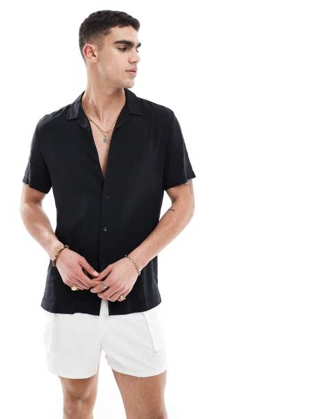 ASOS DESIGN - Camicia vestibilità classica in viscosa nera con rever - view 1
