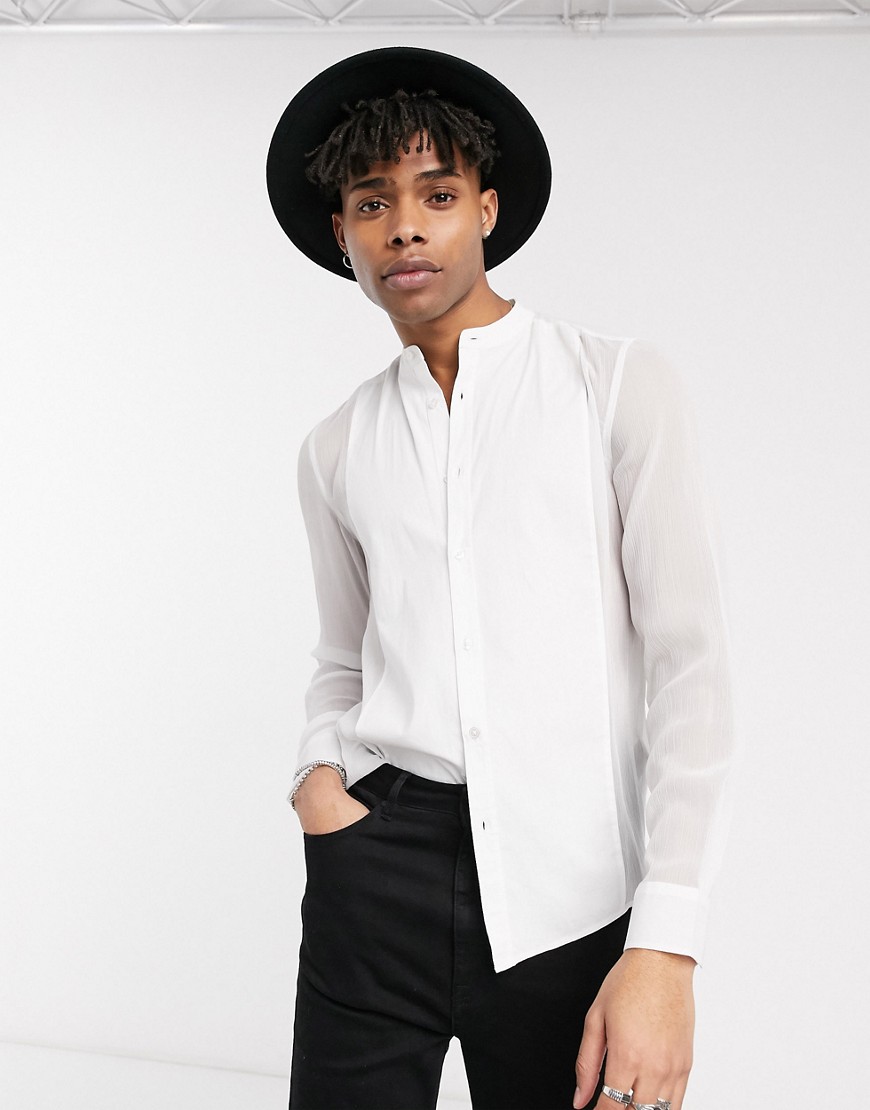ASOS DESIGN - Camicia vestibilità classica trasparente con pettorina a contrasto e collo alla coreana-Bianco