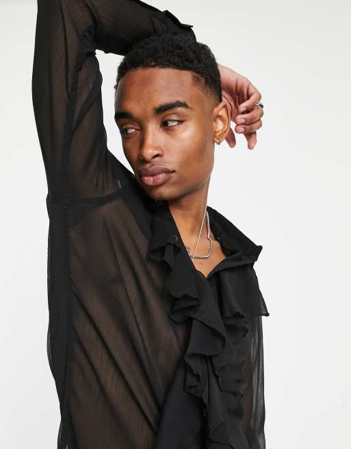ASOS DESIGN - Camicia vestibilità classica trasparente con volant sul davanti, colore nero , 3 di 4