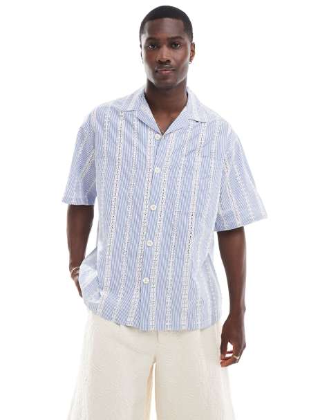 ASOS DESIGN - Camicia vestibilità comoda blu a righe ricamate con colletto a rever - view 1