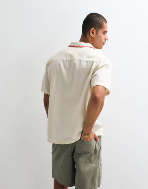 ASOS DESIGN - Camicia vestibilità comoda in misto lino beige con rever e ricamo su petto e bordi, 5 di 5