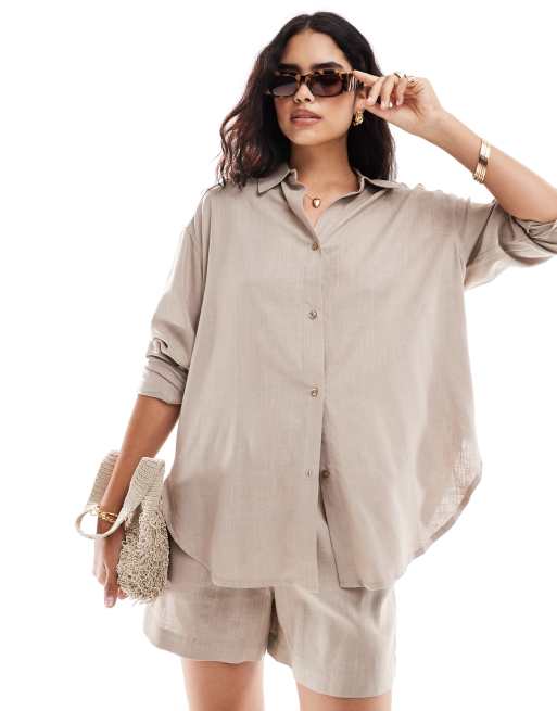 ASOS DESIGN - Camicia vestibilità comoda in misto lino color sabbia in coordinato