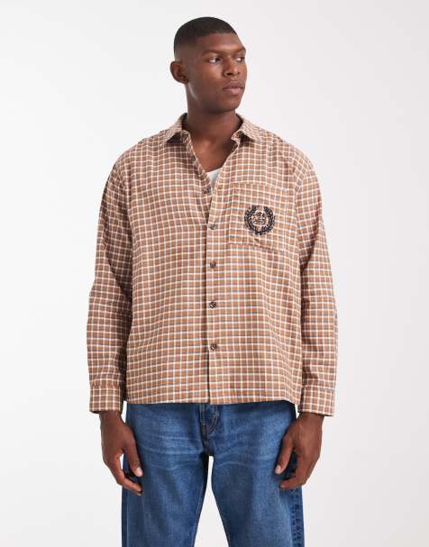 ASOS DESIGN - Camicia vestibilità comoda marrone a quadri con ricamo sul petto - view 1