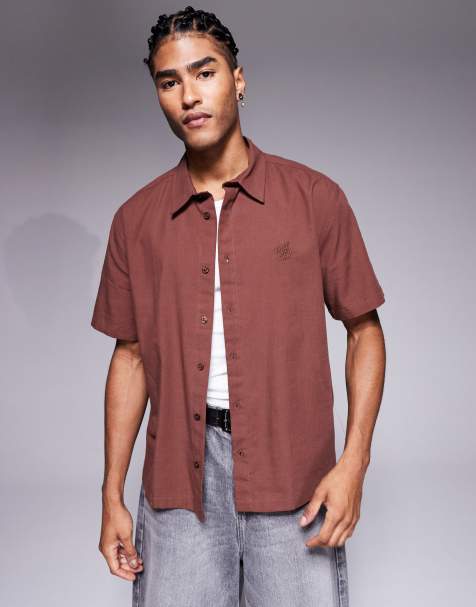 ASOS DESIGN - Camicia vestibilità comoda marrone con ricamo sul petto - view 1