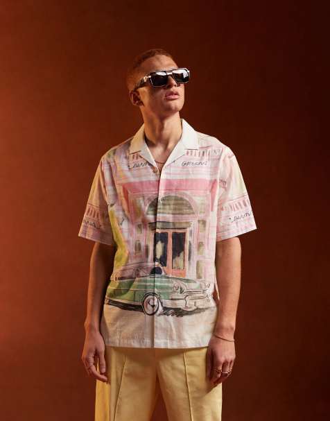 ASOS DESIGN - Camicia vestibilità comoda rosa con stampa di automobile e rever - view 1