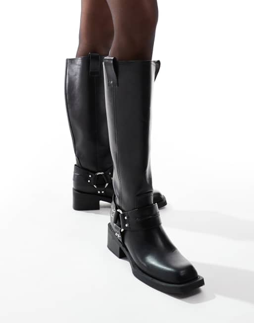 ASOS DESIGN – Camila – Czarne kozaki typu biker na płaskiej podeszwie z metalowymi elementami