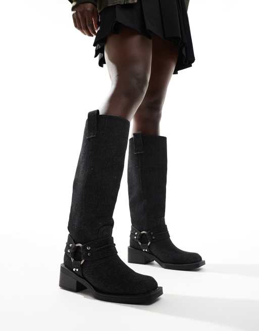 ASOS DESIGN - Camila - Platte knielaarzen met western-harnas in donker denim, 2 van 4