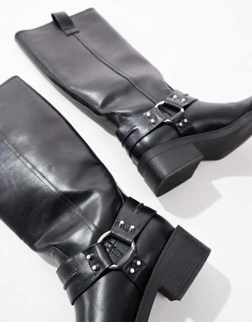 ASOS DESIGN - Camila - Sorte biker-knæstøvler med remme og flad sål, 4 af 4