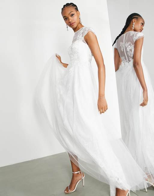 ASOS DESIGN Arabella embellished bodice mini wedding dress with mesh skirt