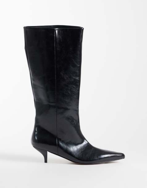 ASOS DESIGN Camille kitten heel pull on knee boots in black - view 1