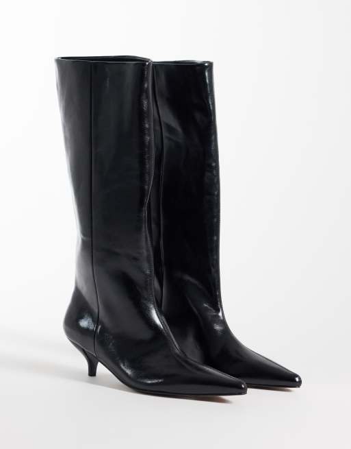 ASOS DESIGN Camille kitten heel pull on knee boots in black, 2 of 4