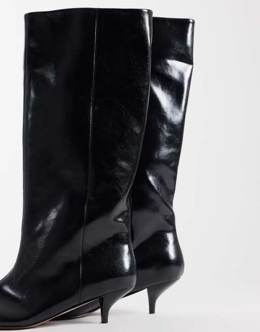 ASOS DESIGN Camille kitten heel pull on knee boots in black, 4 of 4