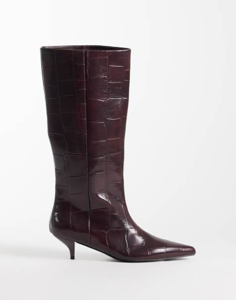 ASOS DESIGN Camille kitten heel pull on knee boots in burgundy croc - view 1