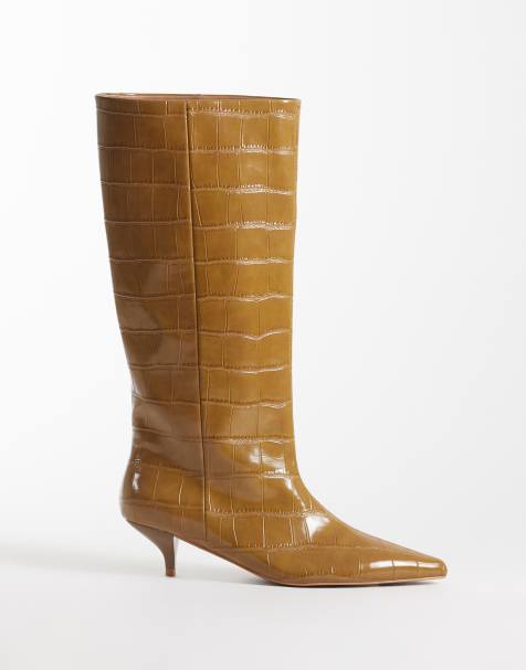 ASOS DESIGN Camille kitten heel pull on knee boots in tan croc - view 1